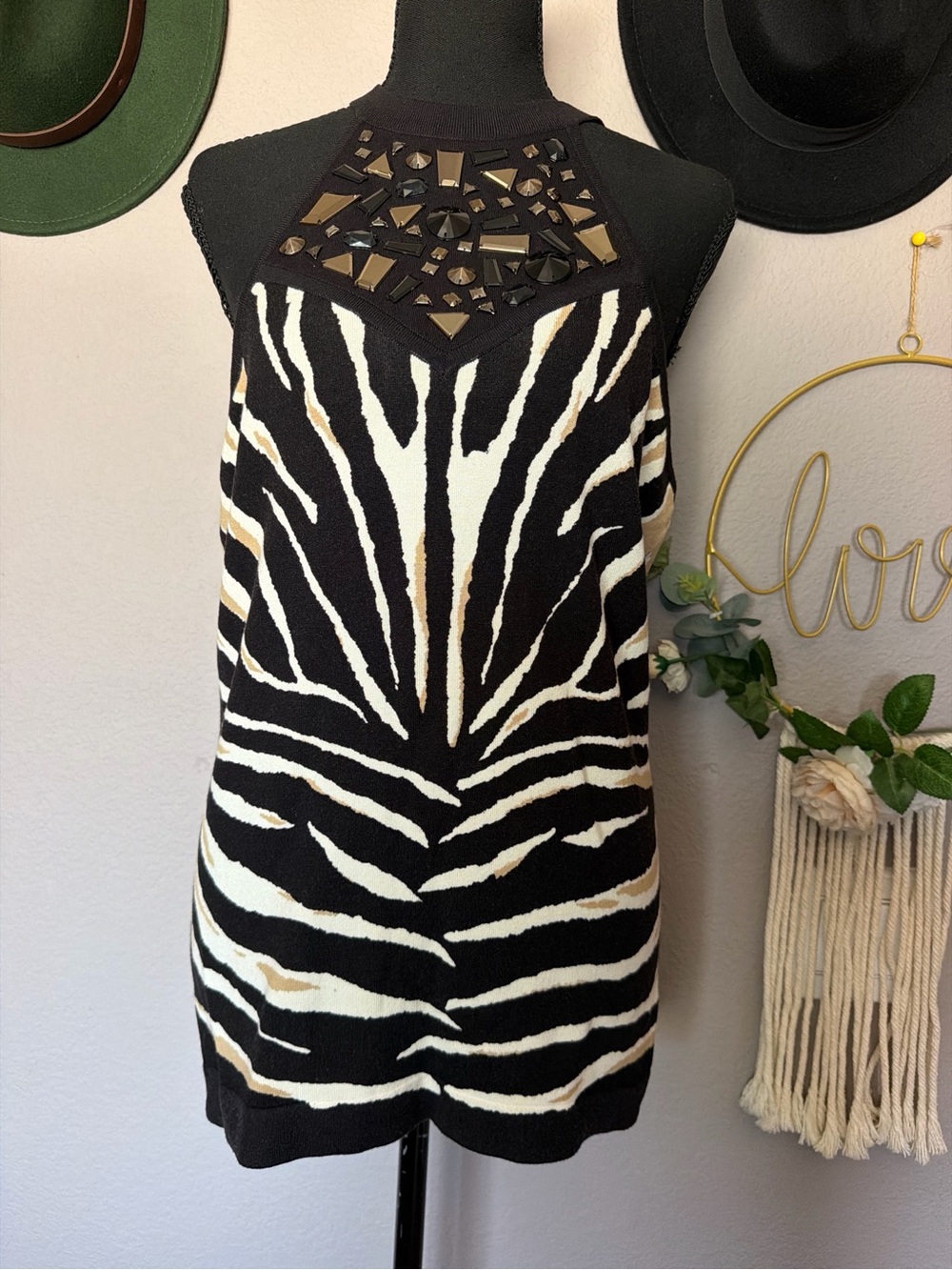 Cache Zebra-Print Beaded Yoke Tank in Black, White & Tan